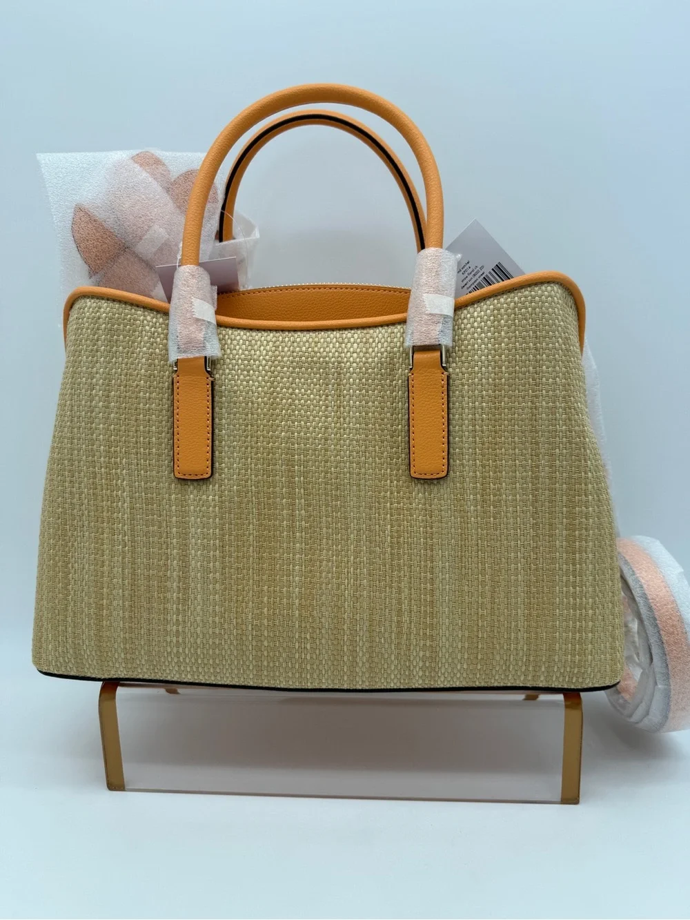 Kate Spade Thompson Street Straw Satchel Bag With Charm Desert Sun Orange Tan
